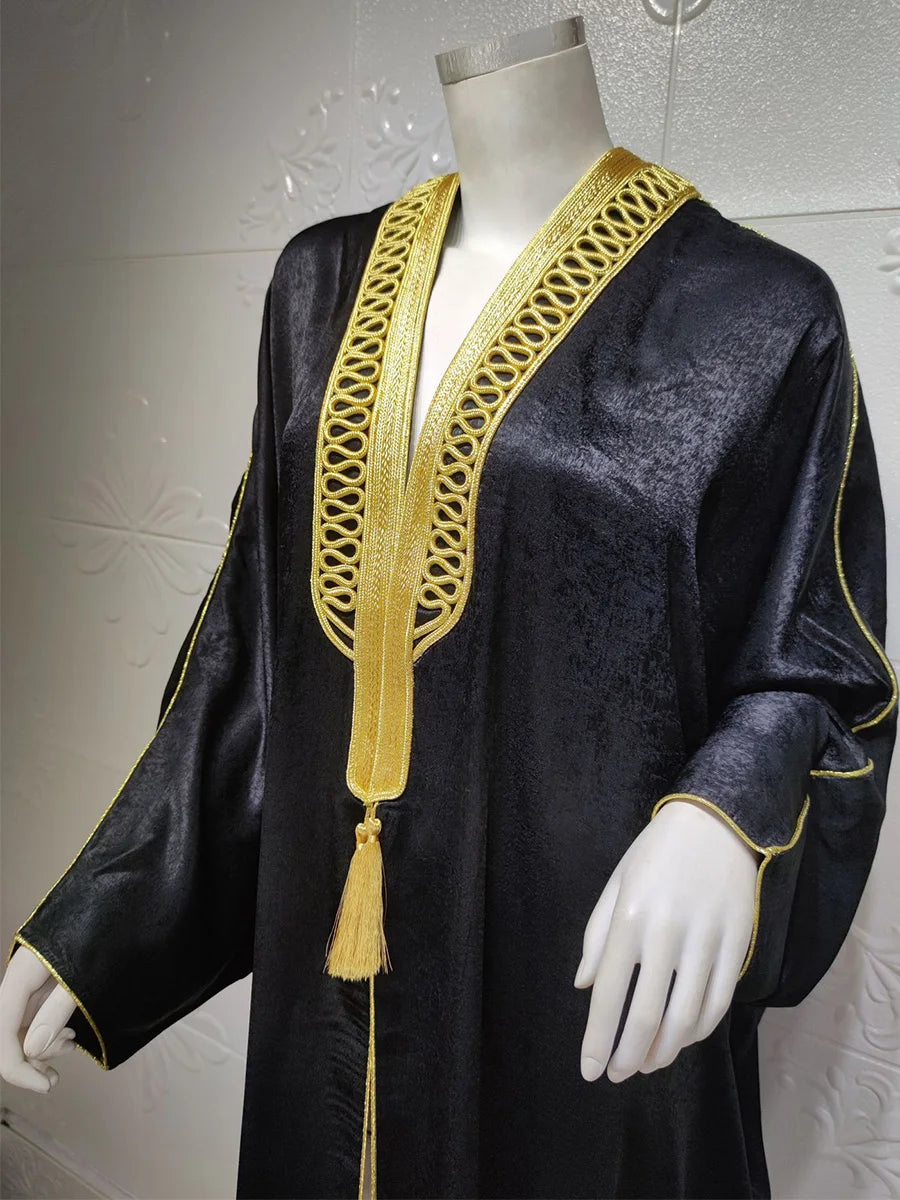 Dubai Open Abaya Velevt Kimono Coat Moroccan Turkish Ethnic Gold Tape Trim Batwing Sleeve Islamic Gulf Robe For Female