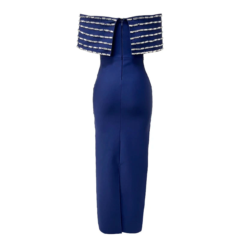 New Blue Color Women Sexy Slash Neck Off the Shoulder Shinning Crystal Bodycon Long Bandage Dress Elegant Evening Party Outfit