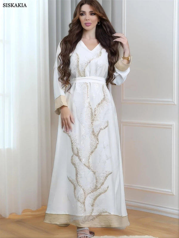 Galabia Saudi Party Sequins Belted Dress Moroccan Dubai Turkish Abayas Long Sleeve V-Neck Turkish Kaftan Islam Clothing