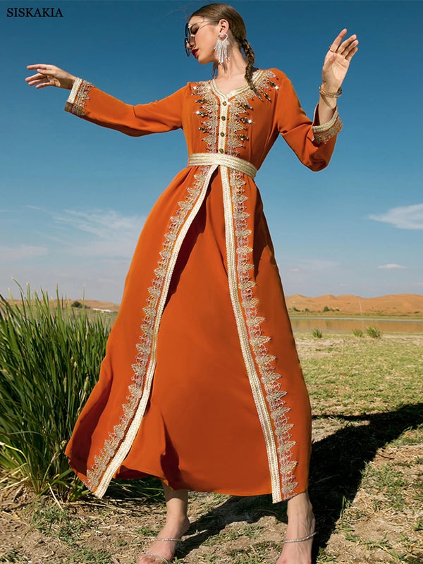 Arab Fashion Dresses Handsewn Diamonds Lace Tape Belted Abaya African Clothing Ethnic Long Sleeve V-Neck Elegant Caftan
