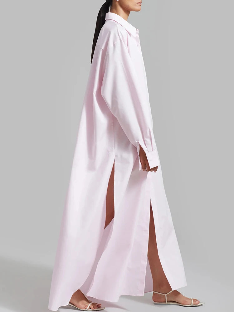 TWOTWINSTYLE Solid Minimalist Split Dresses For Women Lapel Long Sleeve High Waist Patchwork Single Breasted Loose Dress Female