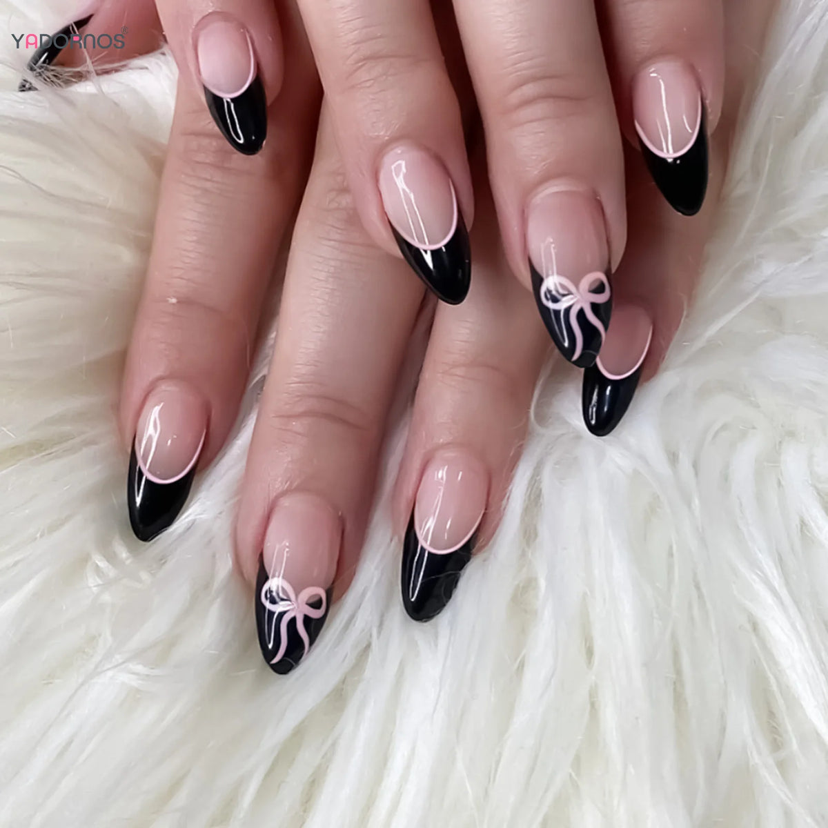 Nude Color False Nails Black French Style Press on Nails Simple Pink Bowknot Pattern Women Girls Charms Fake Nails 24Pcs