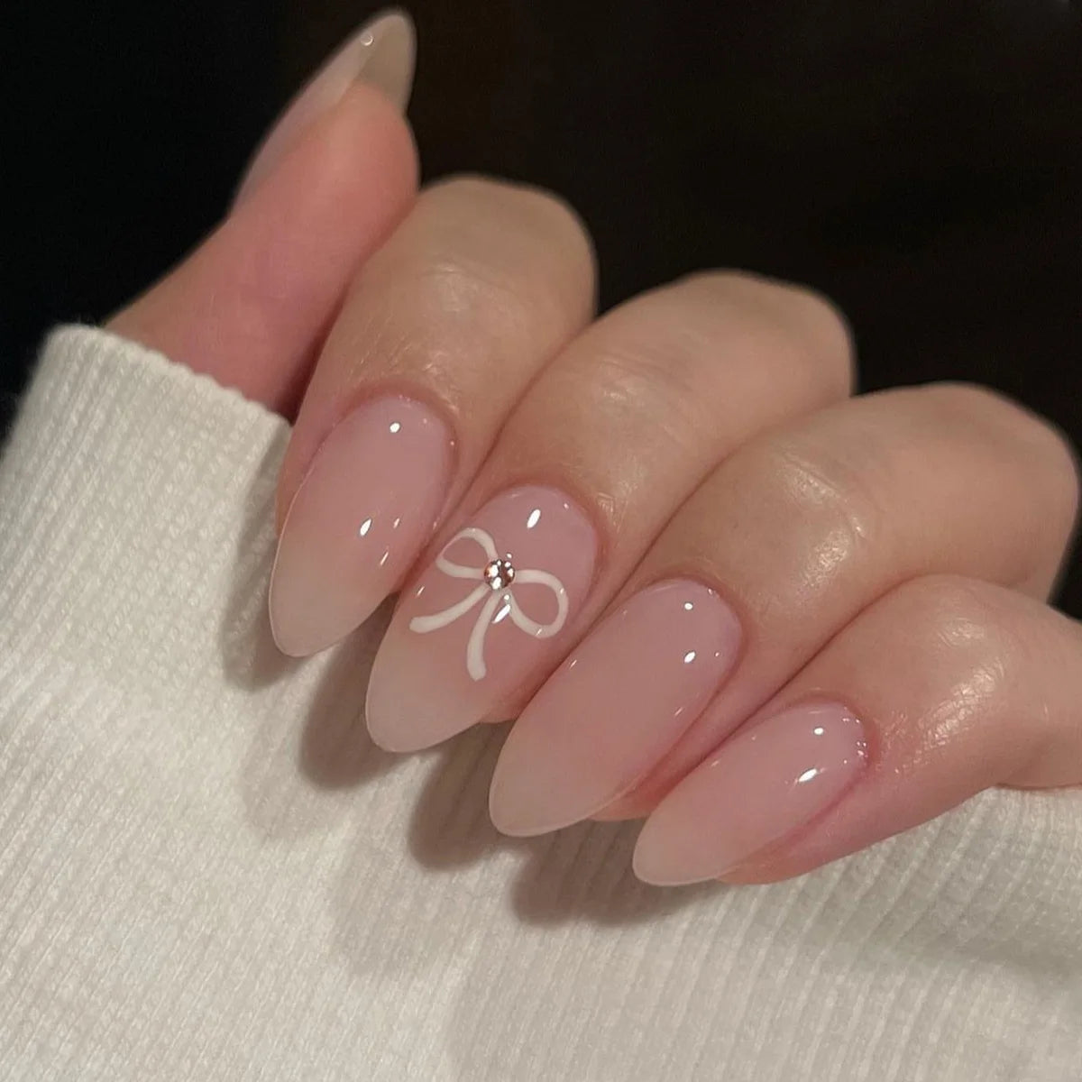 Handmade French Fake Nails Blush Pink Press on Nails 3D Alloy Bowknot Design Star Decor Wearable False Nails for Y2k Girls 24Pcs