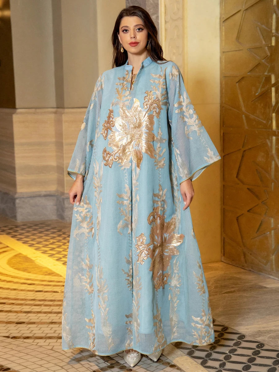 Sequins Embroidered Abaya Dress For Women Moroccan Kaftan Turkey Arabic Jalabiya White Islamic Ethnic Robe 2023 Eid New Light Blue Dress