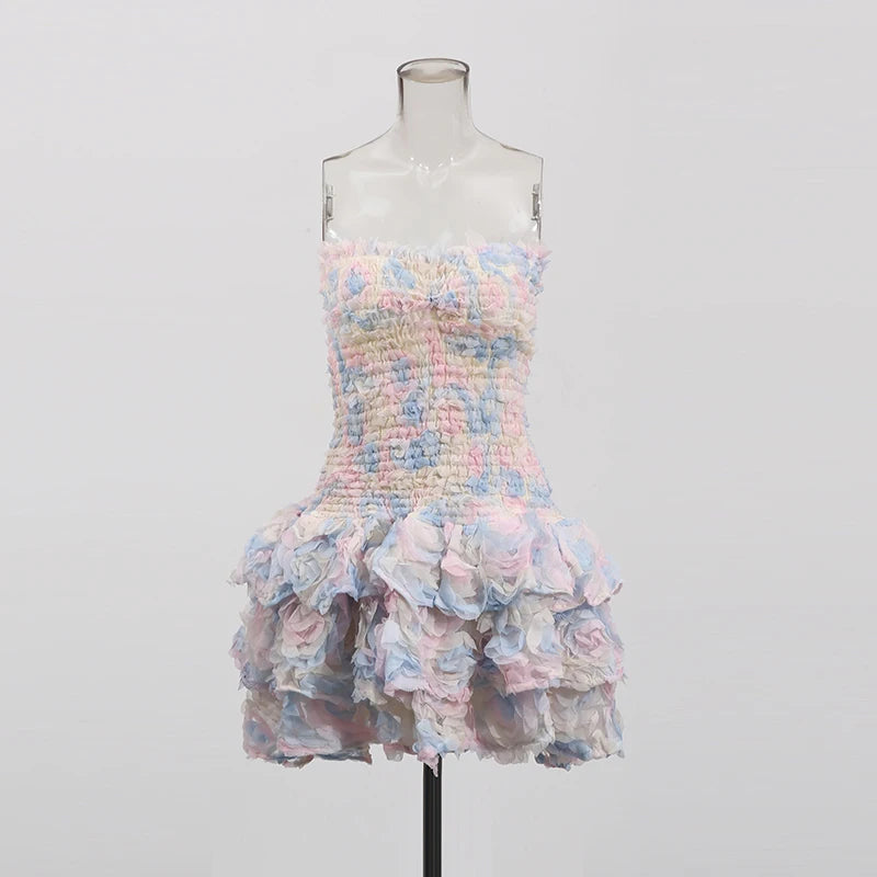 TWOTWINSTYLE Colorblock Fashion Temperament Dresses for Women Strapless Sleeveless Patchwork 3D Flowers Dress Female Clothing