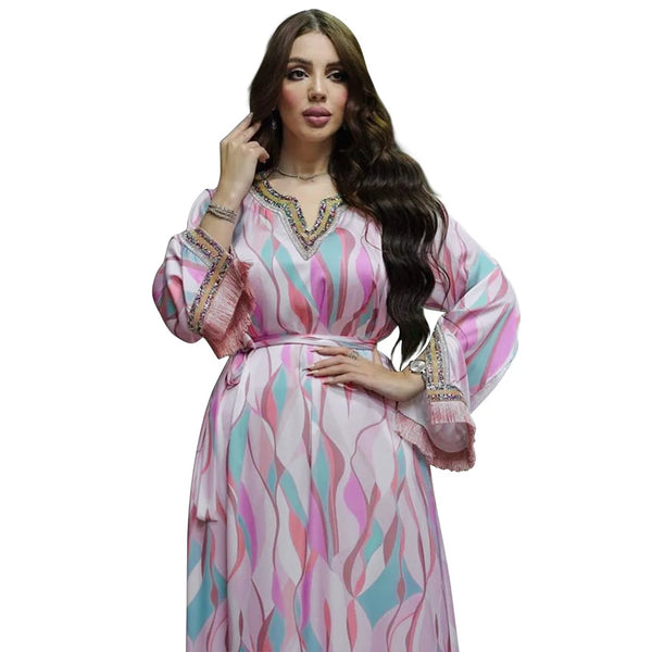 Caftan Kaftan For Wedding Ramadan Vneck Long Dress Moroccan Turkey Dubai 2023 New Long Sleeves Print Abaya Dress Female Clothing