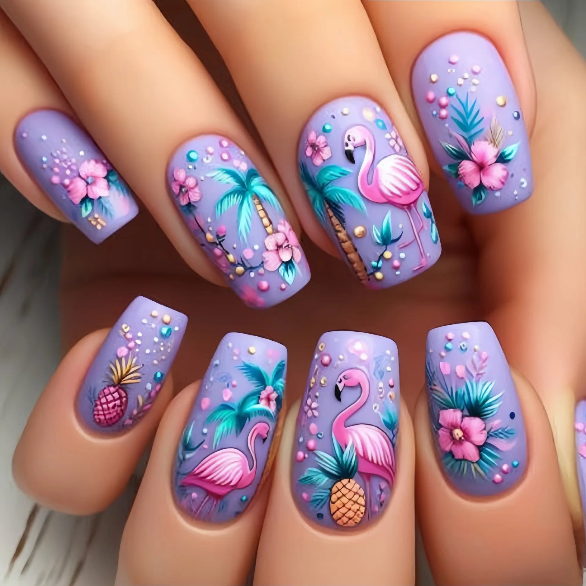 24Pcs Pink Sweet Press on Nails Square Head Colorful Cute Wearing Nail Art with Candy Dessert Design Removable Fishion Manicure