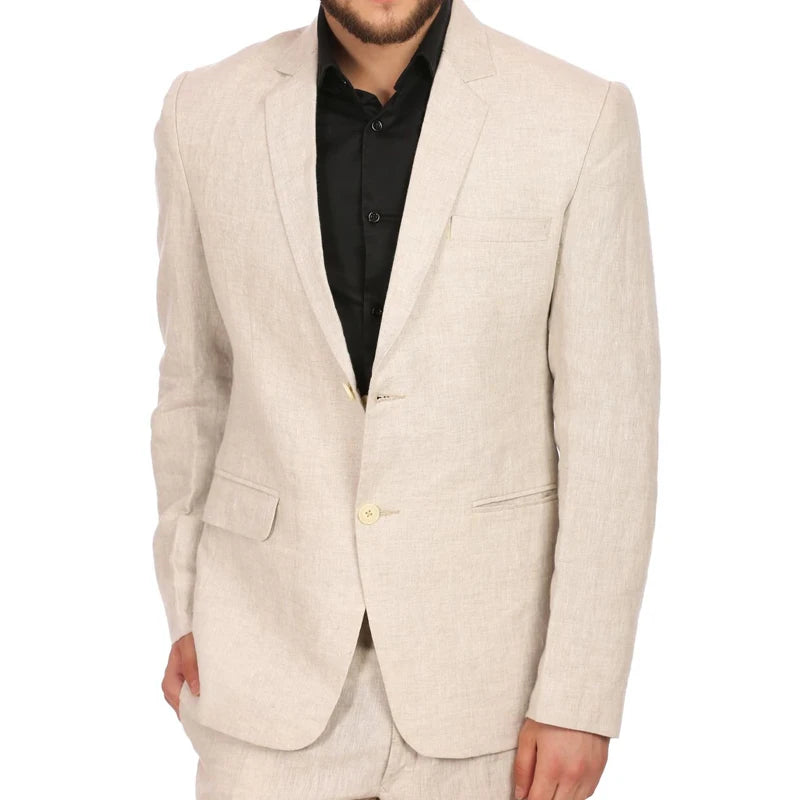 Beige linnen mannen pakken voor prom 2 stuks zomer bruidegom smoking met ingekeed revers aangepaste man modedeksten set blazer met broek