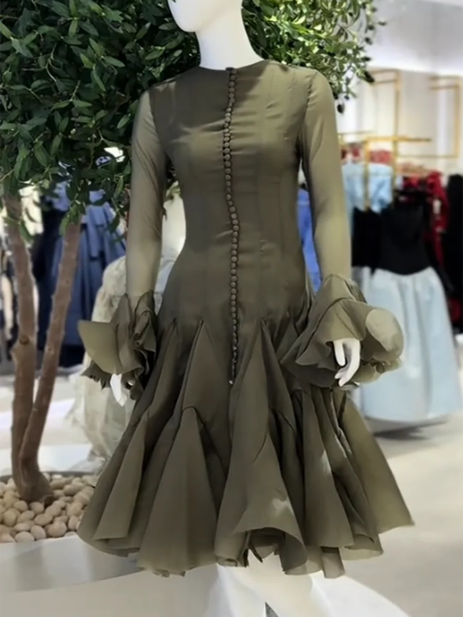 TWOTWINSTYLE Solid Spliced Button Slimming Dresses For Women O Neck Long Sleeve High Waist Patchwork Ruffles Female Fashion New