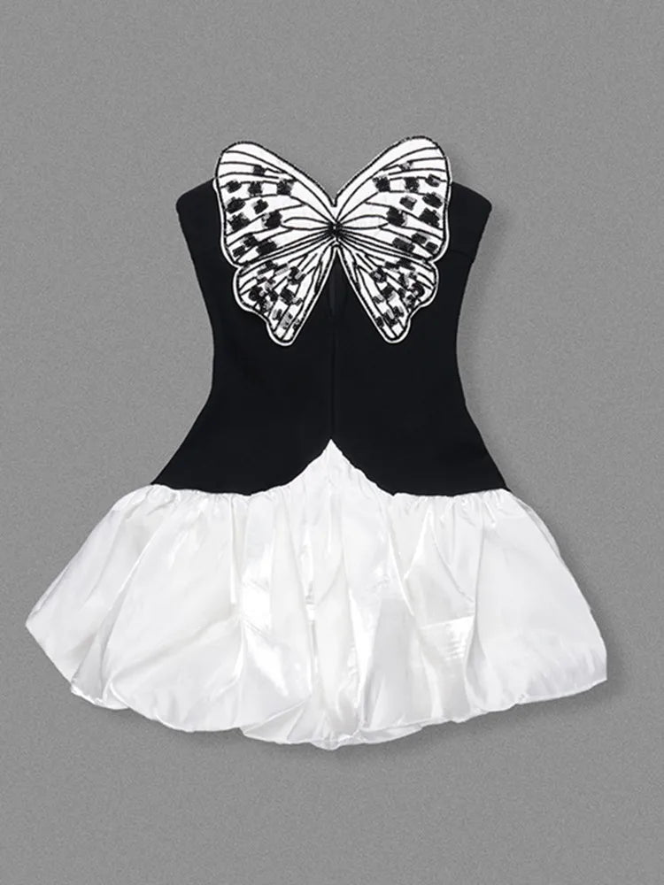 Women Sexy Strapless Backless Butterfly Patchwork Mini A Line Celebrity Bandage Dress 2025 Elegant Evening Club Party Outfit