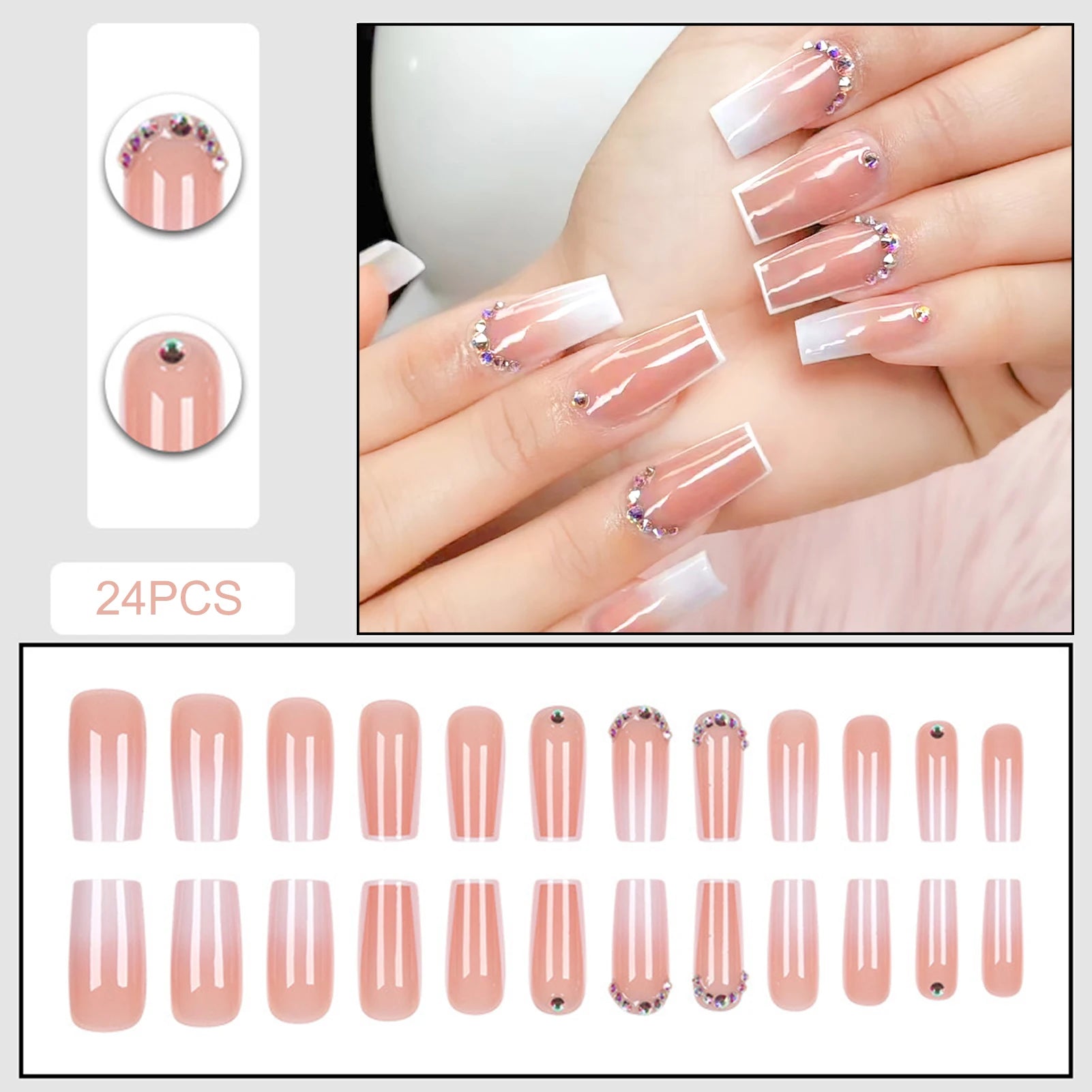 Mid-length Coffin False Nails Gradient Pink Press on Nails Diamond Designs Blush Pink Full Cover Fake Nails for Women and Girls