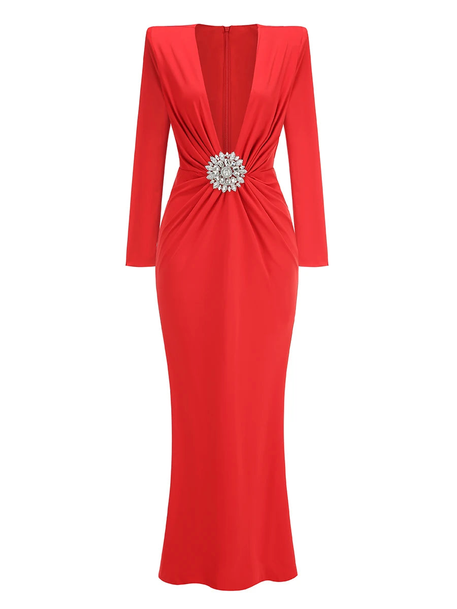 Women Celebrity Sexy Deep V Neck Black Maxi Long Rhinestone Diamonds Gowns Dress 2025 Elegant Evening Party Club Dress Vestido