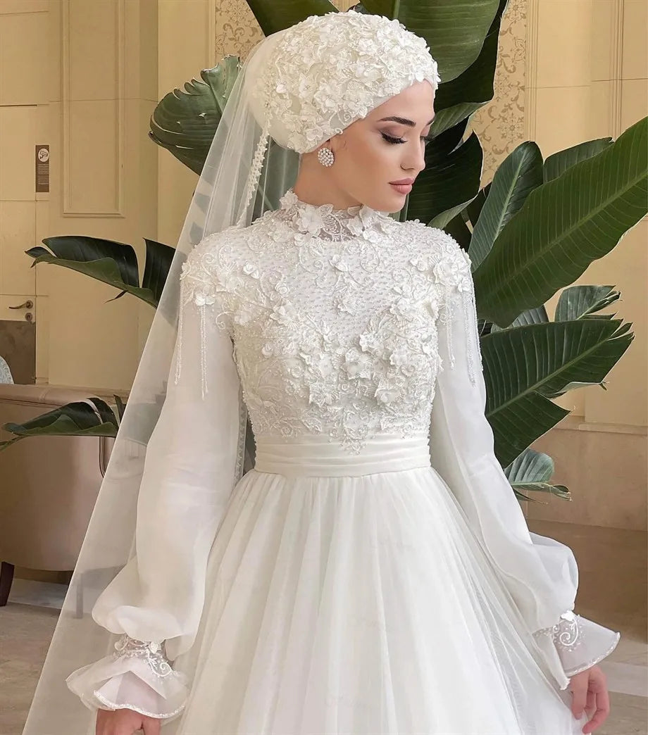 Vestido de noiva muçulmano para laca de noiva A-line Dubai mangas compridas Hijab Islâmico Vestido de noiva Véu Robe de Mariage