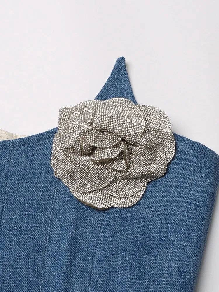 TWOTWINSTYLE Denim Irregular Vests For Women Slash Neck Sleeveless Patchwork Appliques Slimming Vintage Vest Female Fashion 2023