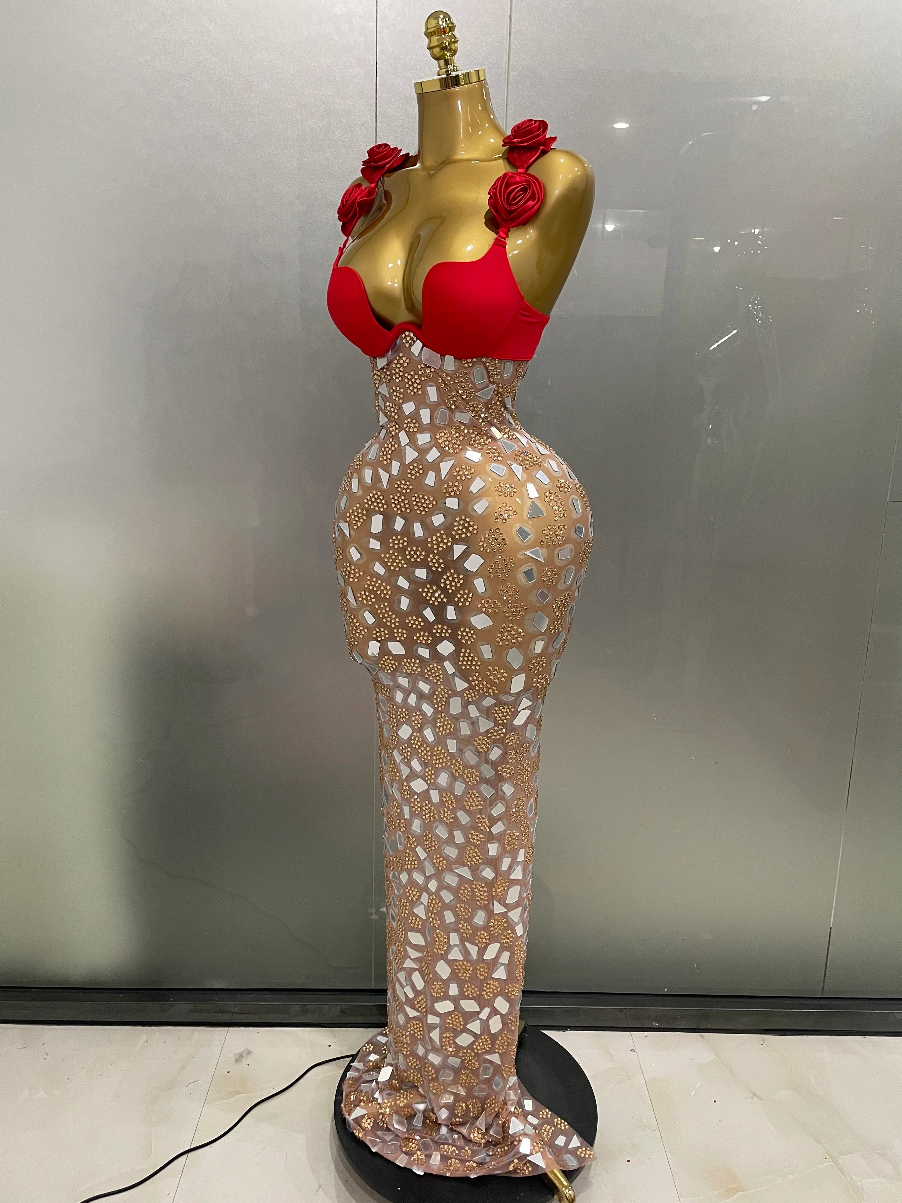 Sexy Sparkly Rhinestones Mesh Mirrors Red Roses Long Dress  2025 New Women Elegant Evening Party Club Stage performance Costume