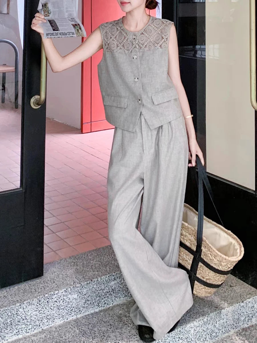TWOTWINSTYLE Solid Loose Two Piece Sets for Women Round Neck Sleeveless Spliced Single Breasted Top High Waist Pant Set Femlae