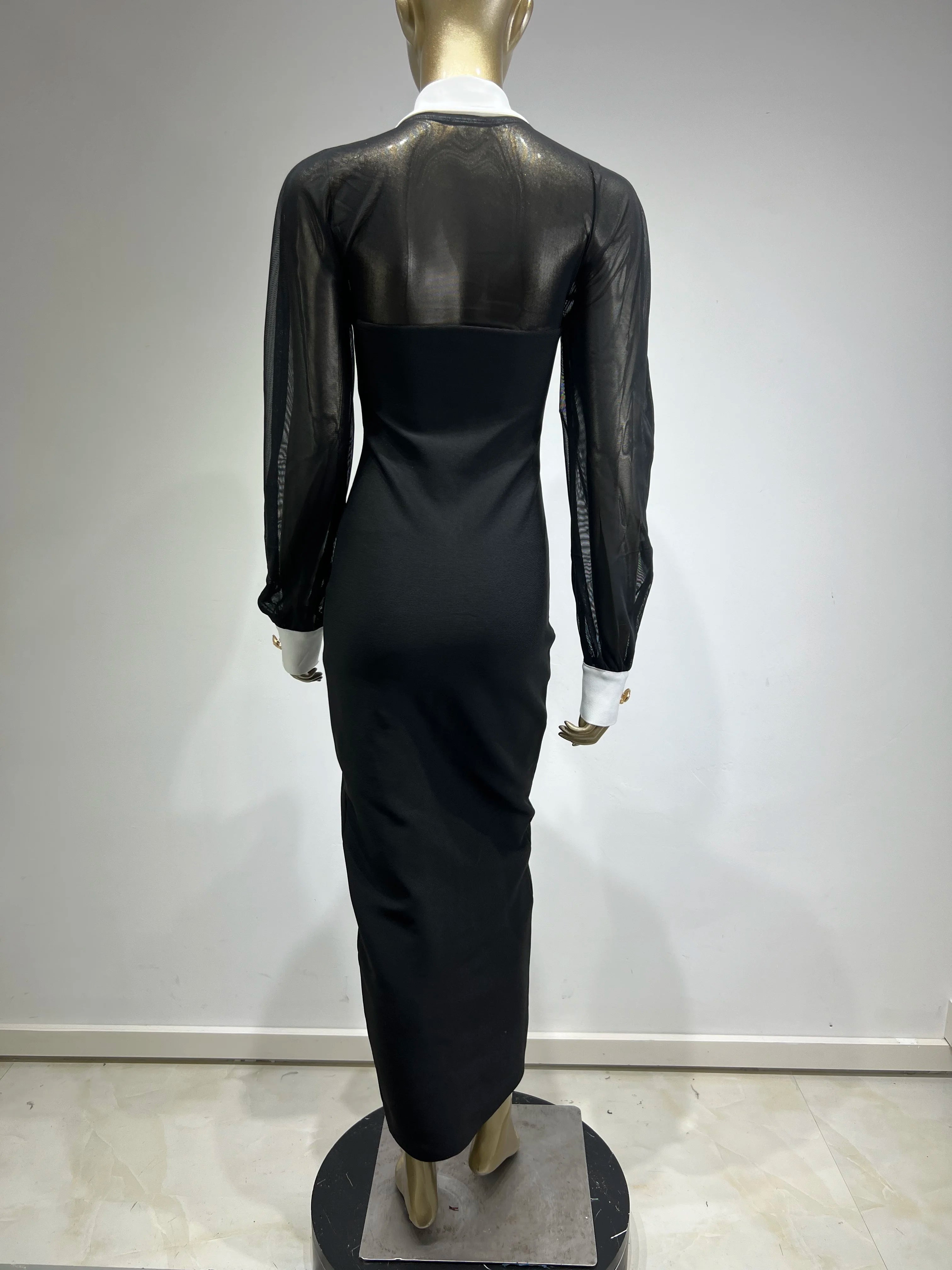 Women Bandage Celebrity Sexy Long Sleeve Mesh Black Split Long Dress Elegant Knitted Evening Club Party Dress