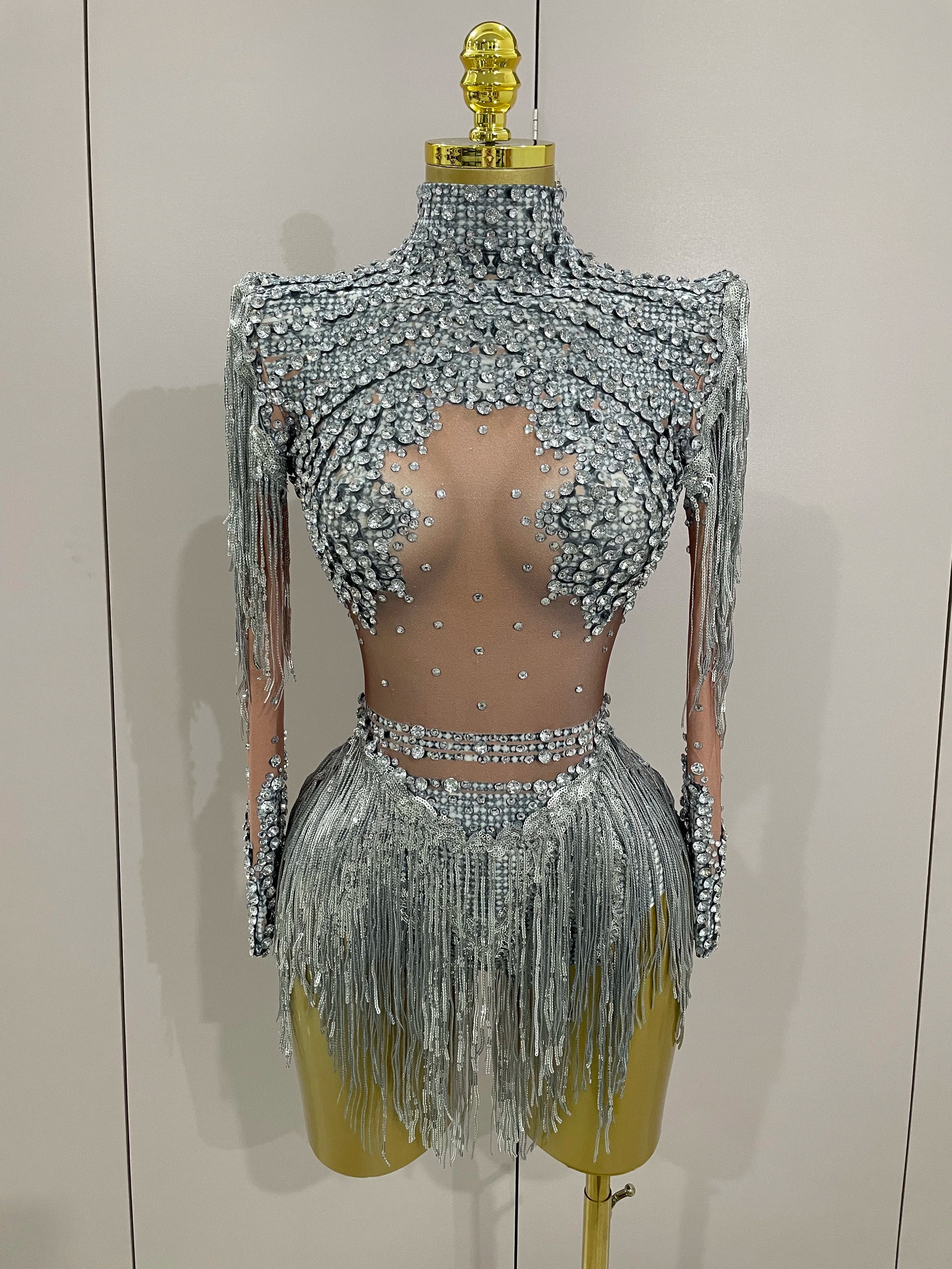 Sparkly Rhinestone Sequin Tassel Stretch Bodysuits 2025 New Arrival Women  Birthday Party Nightclub Dj Stage Performance Costume