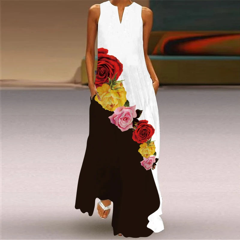 Fashionable Women's Hollow V-neck Maxi Dress Fresh Flower Print Sleeveless Loose Straight Beach Seaside Vacation Long Dress