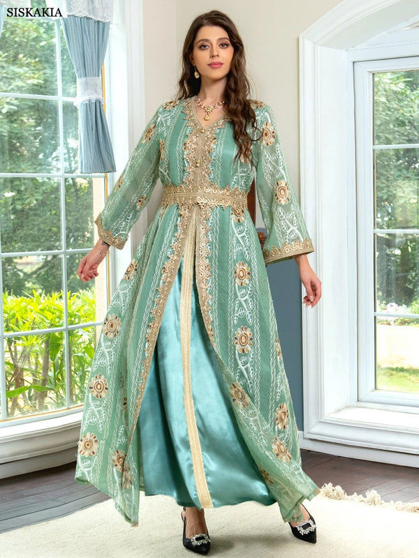 Muslim Ramadan Satin Mesh Floral Embroidery Ethnic Belted Dresses Fashion Moroccan Kaftan Women Jalabiya Party Outfits