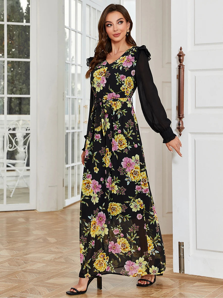 Fashion Black Printing Turkish Abayas For Female Chic Mesh Patchwork Full Sleeve V-Neck Tunic Elegant Muslim Long Dress