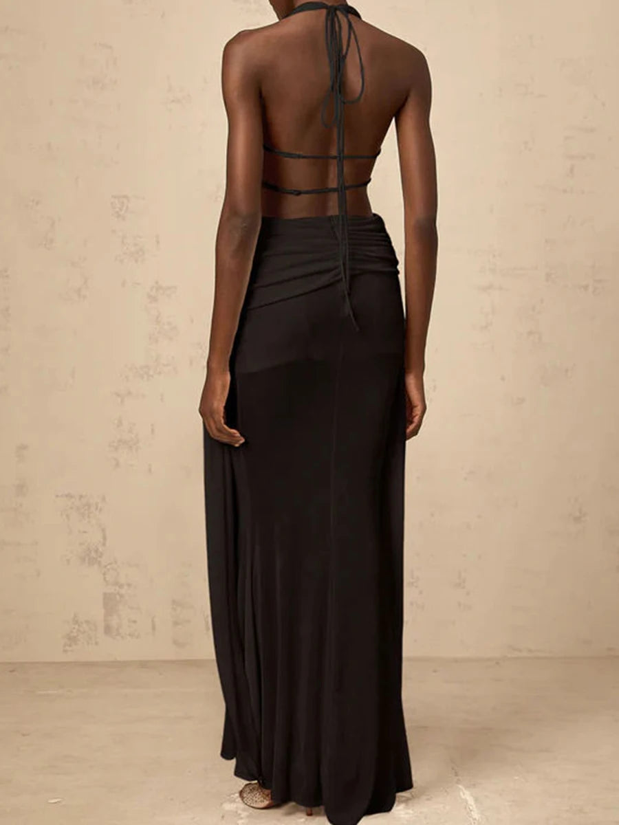 TWOTWINSTYLE Solid Slimming Spliced Hollow Out Dresses for Women Halter Neck Sleeveless Patchwork Sheer Midi Dress Female New