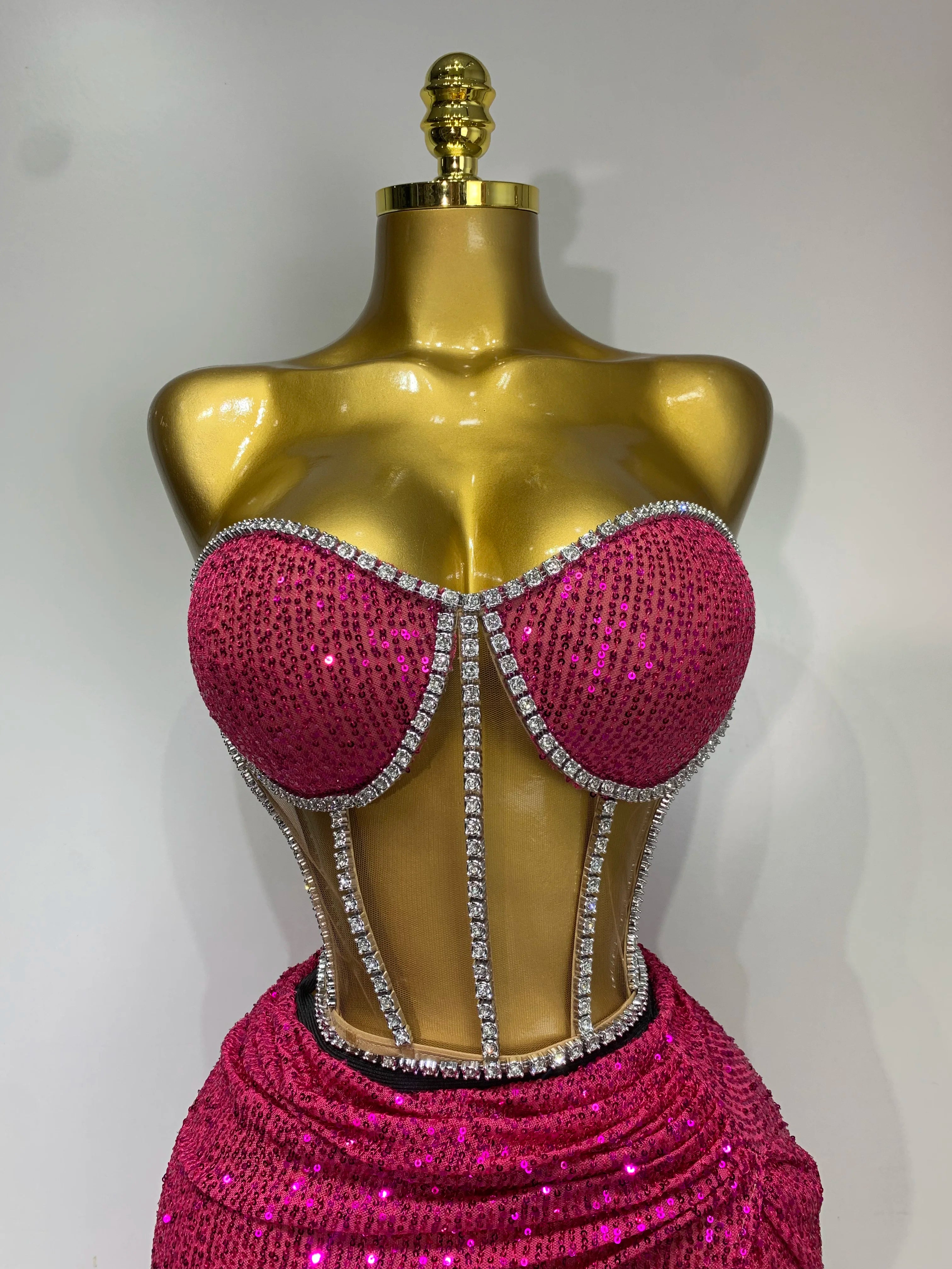 Women Sparkly Rhinestones Sequins Sexy Mesh Two Piece Set Evening Birthday Party Dress Nightclub Stage Performance Costumes