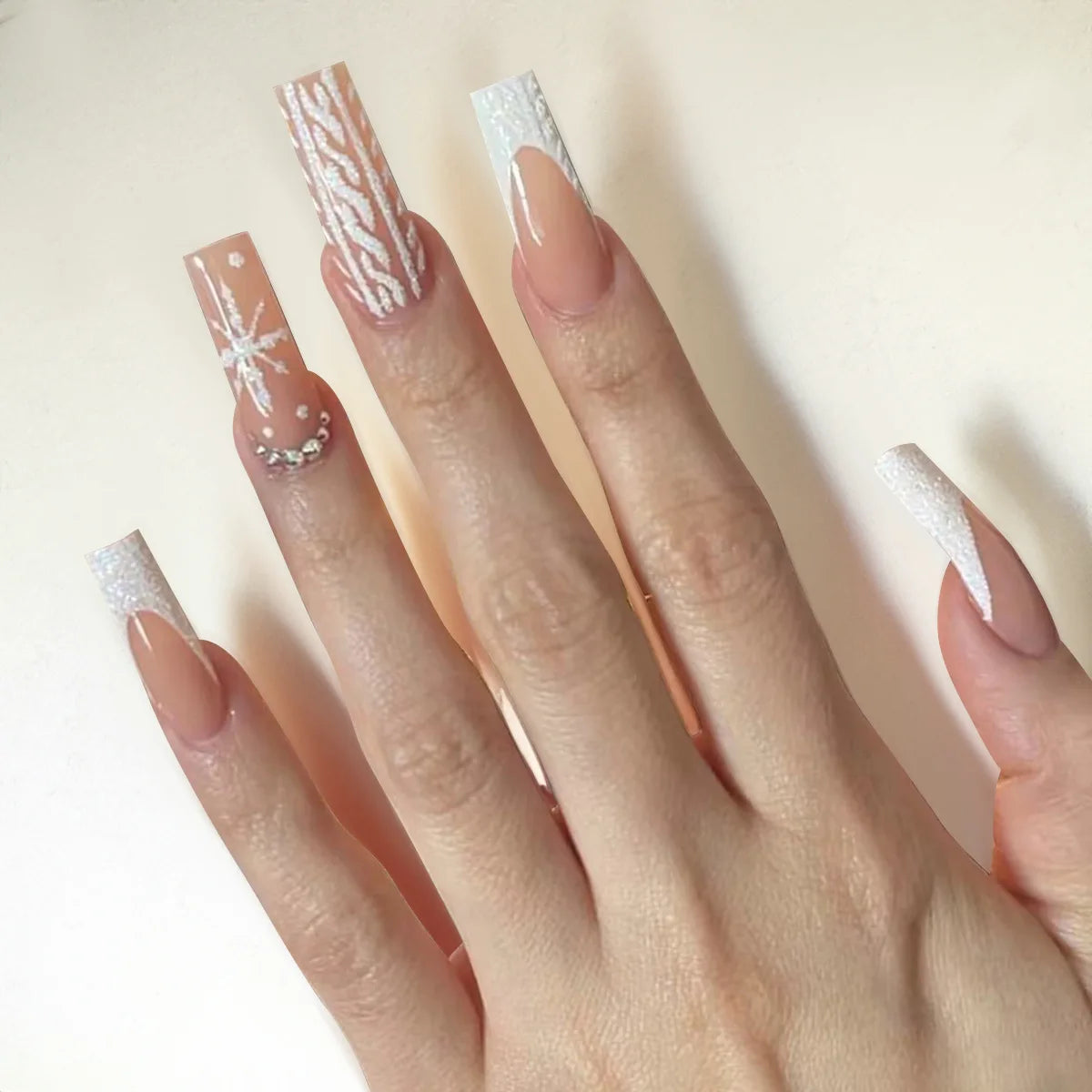 Long Stiletto Black French Fake Nails for Women Christmas Party Nude Color Press On Nails Black/White Snowflake Printed Nail Art