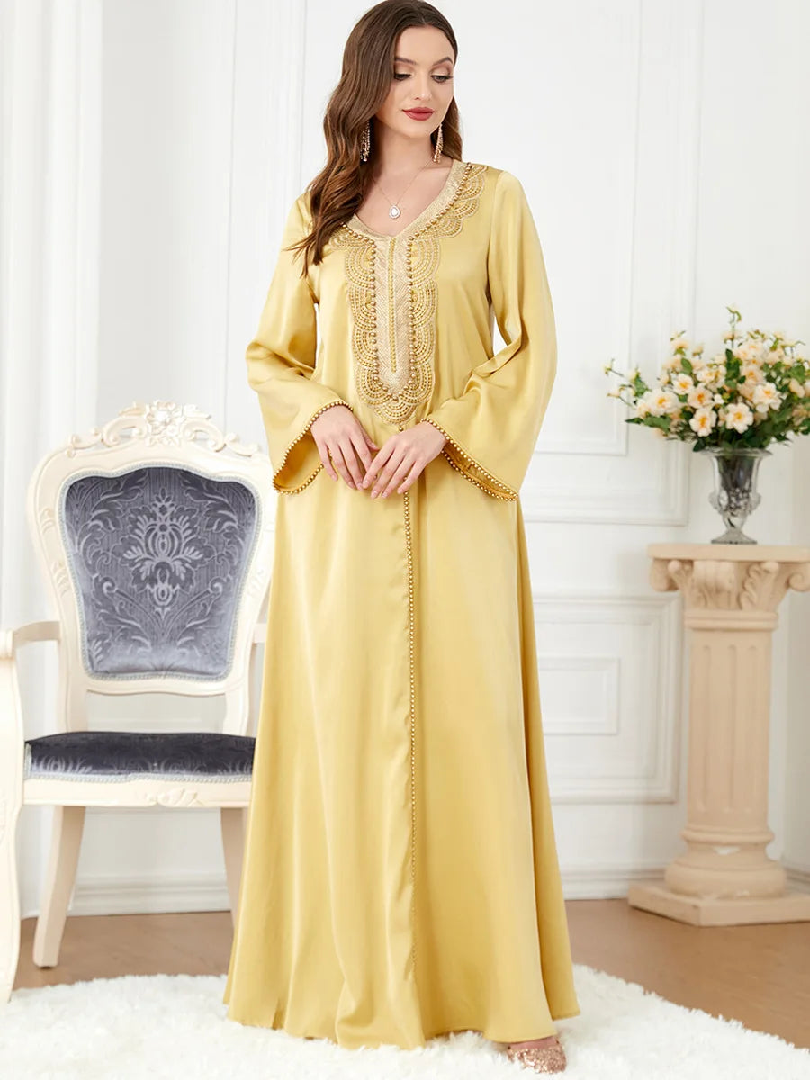 Abayah For Women 2023 Dubai Chic Solid Beading Full Sleeve V-Neck Elegant Moroccan Turkey Long Dress Female Yellow Dress