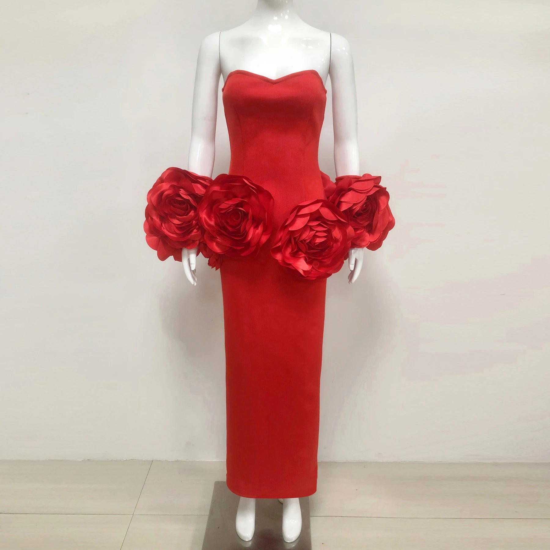 2025 New Fashion Black Red Women Sexy Strapless Big Florals Bodycon Long Bandage Dress Celebrate Evening Party Cocktail Outfit