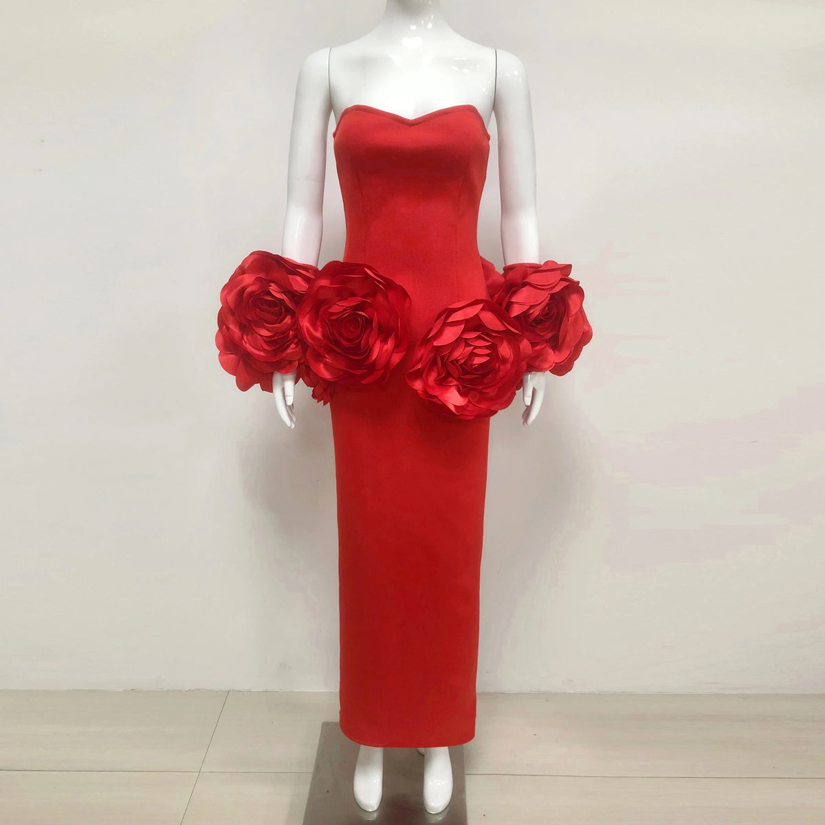 2025 New Fashion Black Red Women Sexy Strapless Big Florals Bodycon Long Bandage Dress Celebrate Evening Party Cocktail Outfit