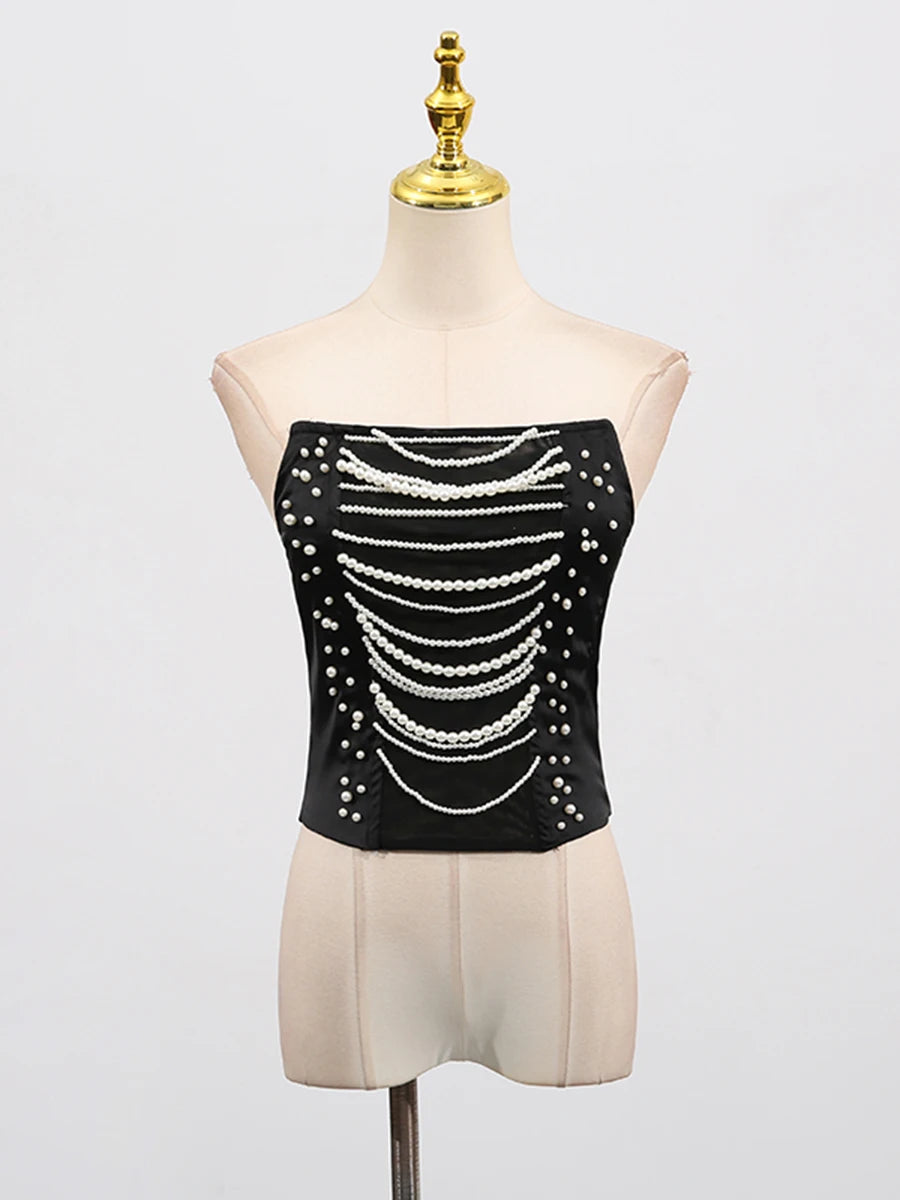 TWOTWINSTYLE Solid Slimming Spliced Chain Tanks for Women Strapless Sleeveless Patchwork Bead Tank Female Fashion Clothing New