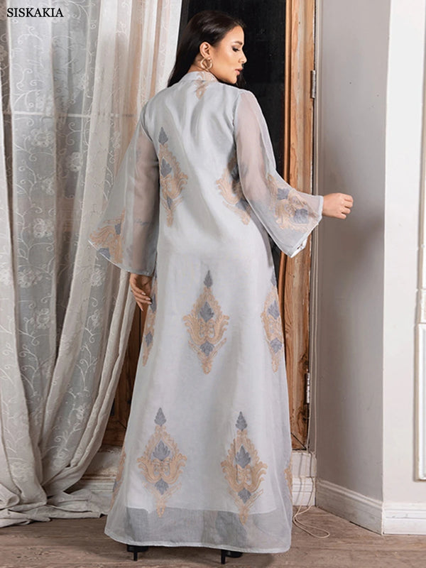 Dubai Fashion Mesh Sequins Embroidery Evening Party Gown Jalabiyat Saudi Arab Casual Robe African Women Caftan Clothing