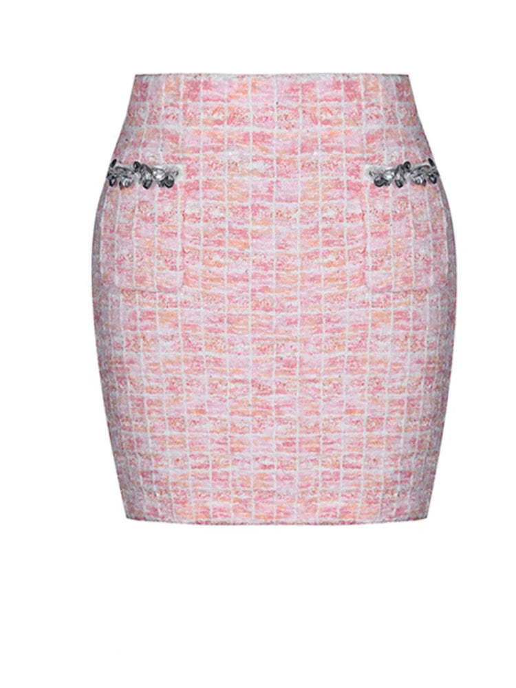 TWOTWINSTYLE Two Piece Sets for Women Round Neck Long Sleeves Spliced Diamonds Top High Waist Patchwork Pockets Skirt Female New
