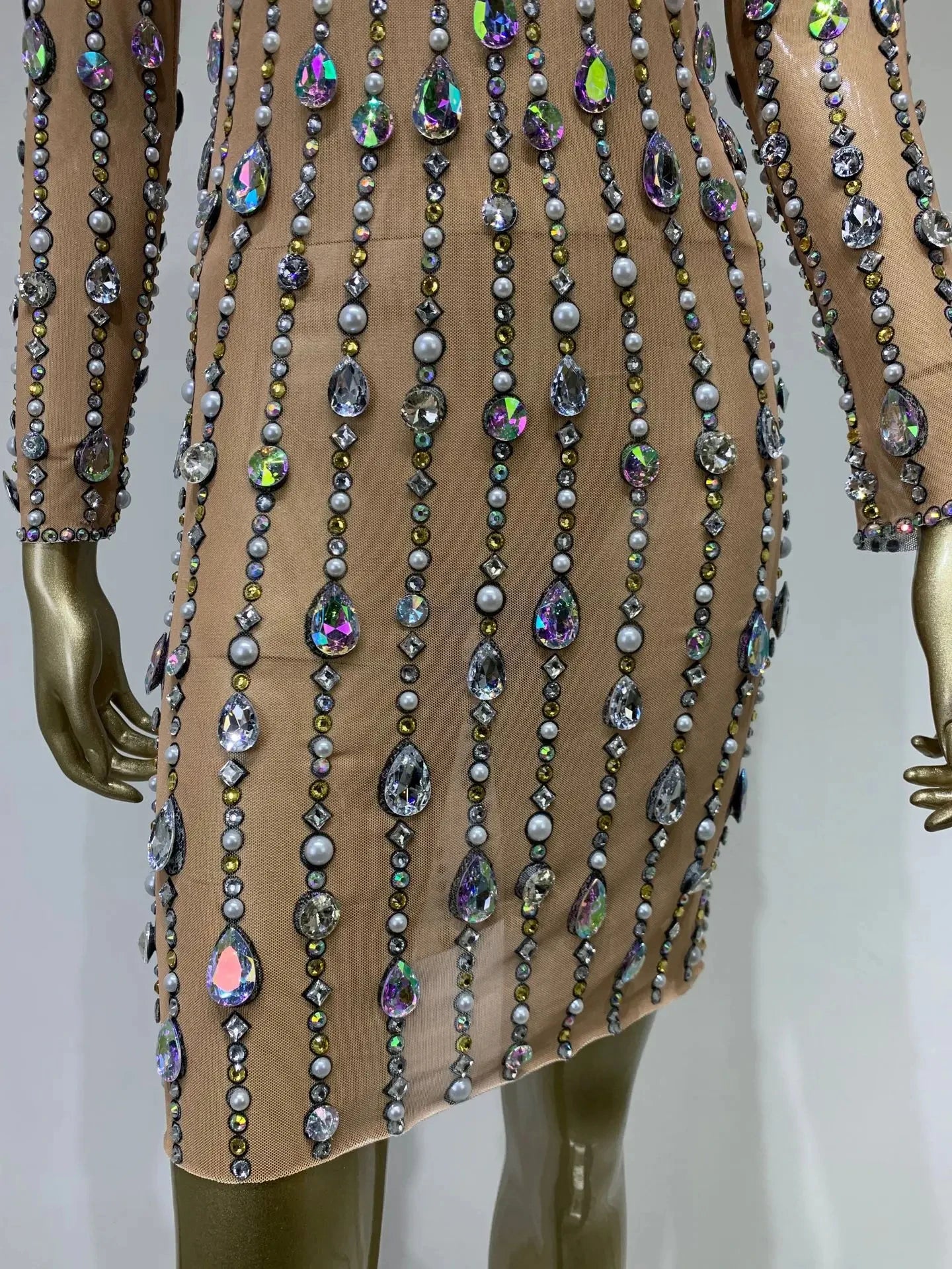 Stock Women Luxury Sexy Mesh Crystal Diamonds Beading Mini Dress Birthday Party Costume Bar Nightclub Stage Performance Clothing