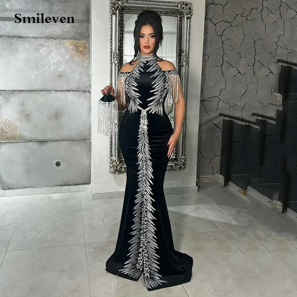 Classic BLack Velour Lace Moroccan caftan Evening Dress Sleeveless High Neck Velvet Prom Dresses Women Party Gowns