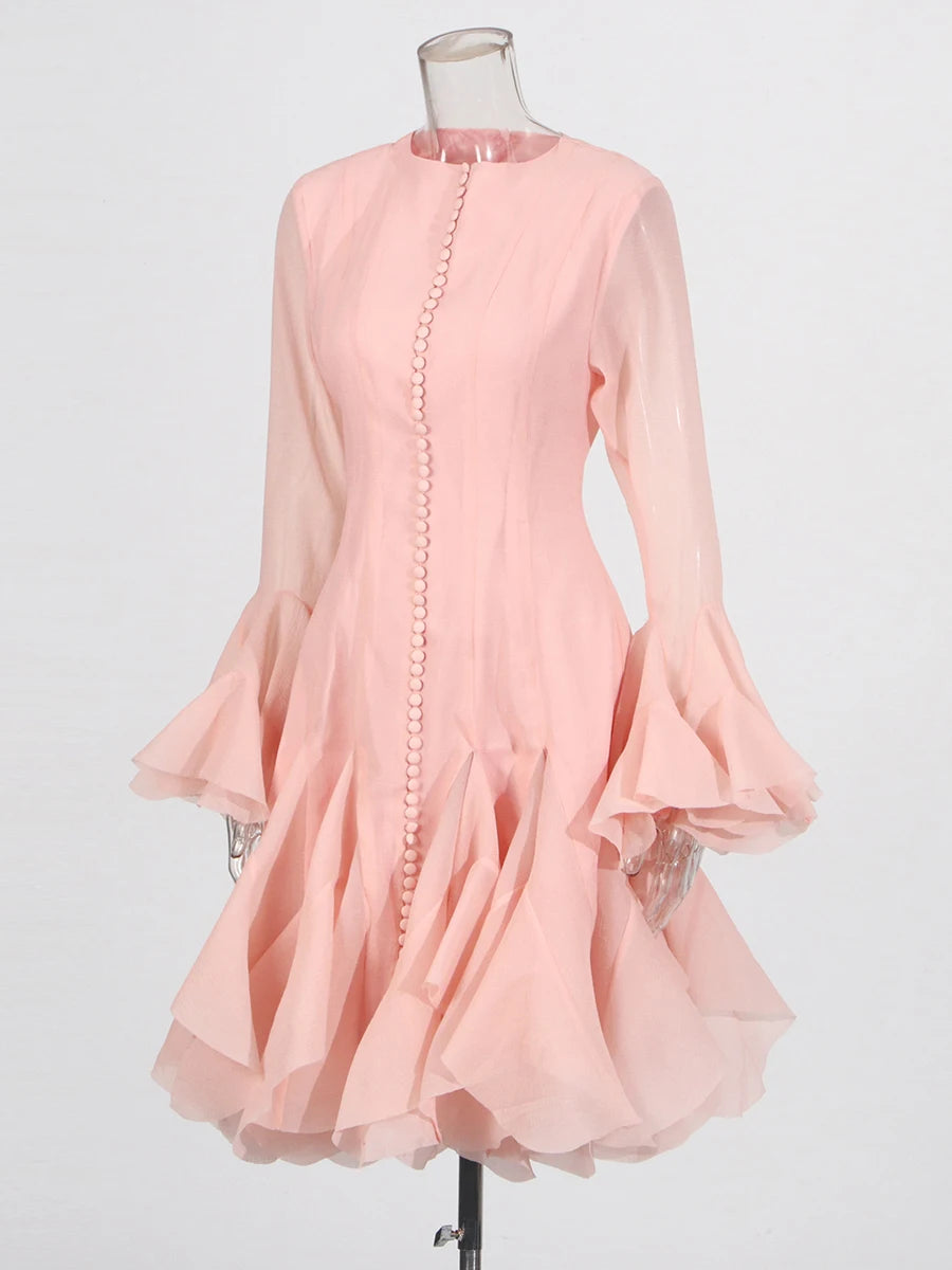 TWOTWINSTYLE Solid Spliced Button Slimming Dresses For Women O Neck Long Sleeve High Waist Patchwork Ruffles Female Fashion New