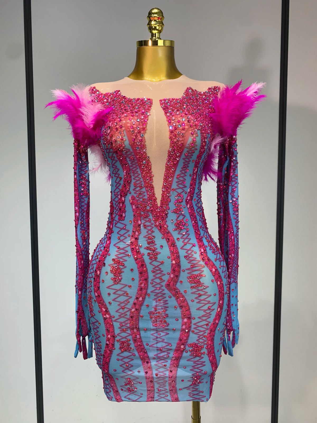 Women Sexy Mesh See Through Diamond Feather Dress 2025 Elegant Evening Party Luxury Birthday Nightclub Performance Stage Costume