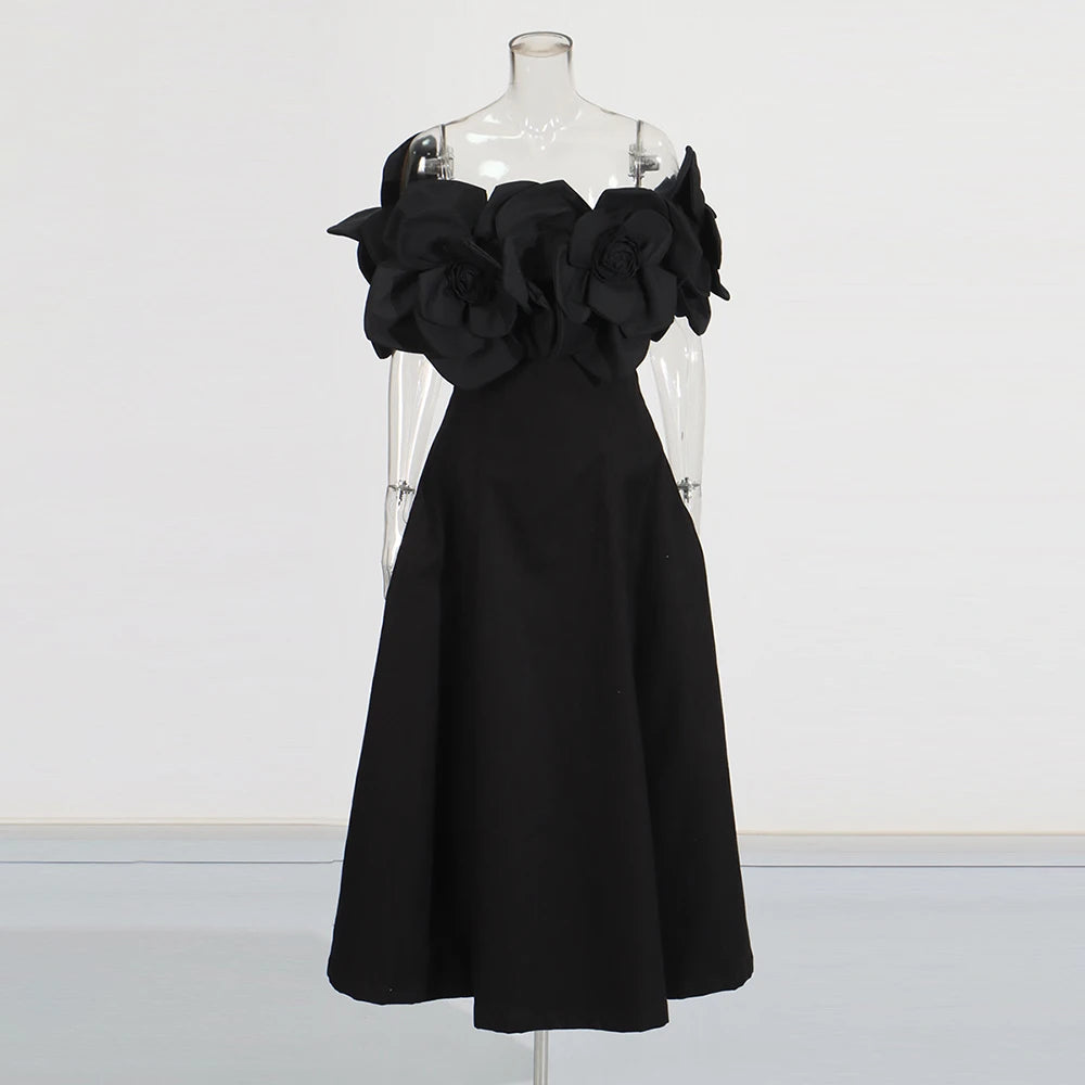 TWOTWINSTYLE Solid Slimming Elegant Dresses for Women Strapless Off Shoulder Patchwork 3D Flowers Fashion Dress Female Clothing