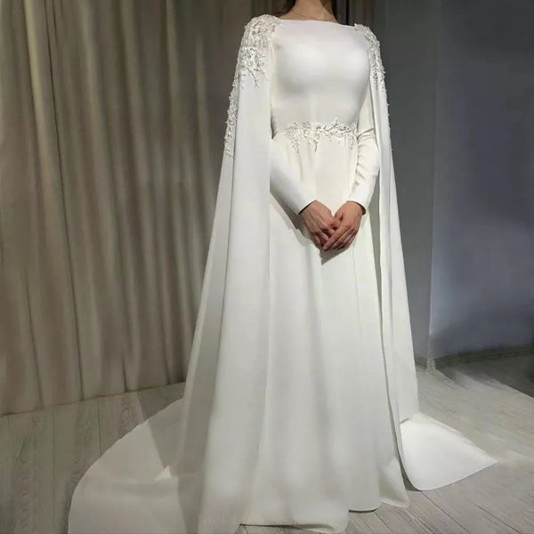 Muslim Wedding Dresses for Bride With Lace Cape A Line Long Sleeves Appliques Moroccan Caftan Bridal Gowns Robe De Mariée