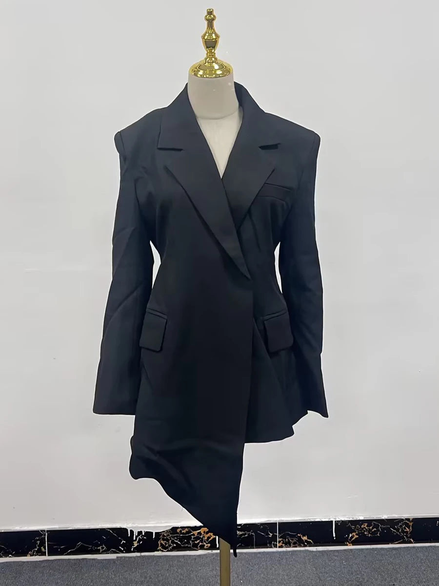 TWOTWINSTYLE Solid Minimalist Blazer For Women Notched Collar Long Sleeve Patchwork Pockets Irregular Coat Female Fashion Style