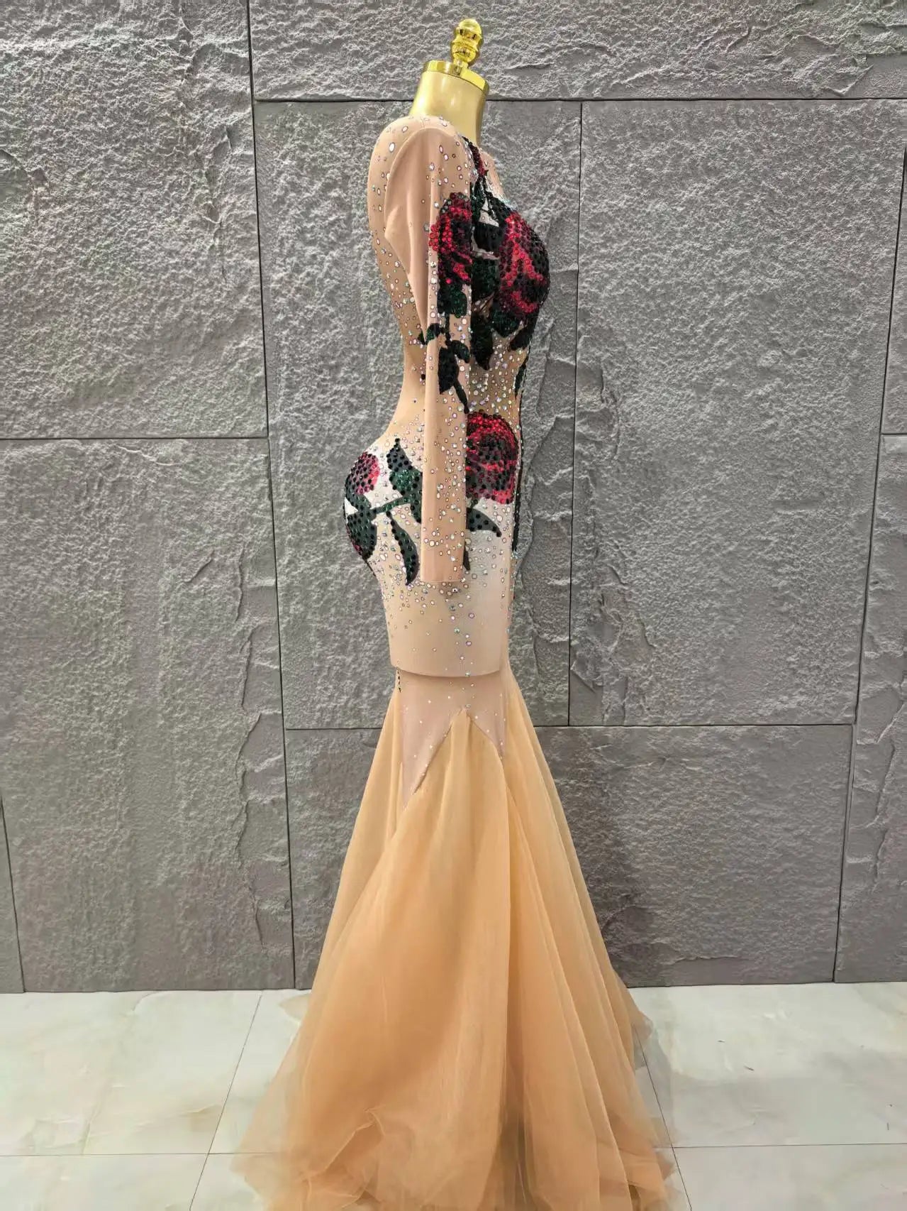 Women Long Sleeve High Stretch Shinning Rhinestones Bodycon Long Maxi Dress Celebrate Evenign Party Bar Singer Stage Wear