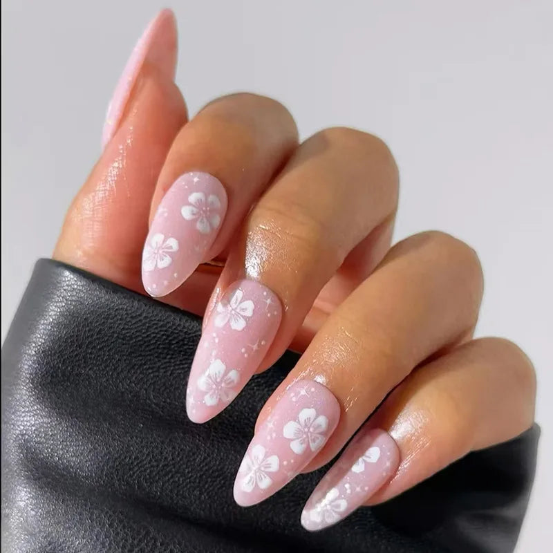 24Pcs White Flower Short Almond Press-on Nails Set Glossy Acrylic Full Cover Blue French Fake Nails Arts For Women and Girls