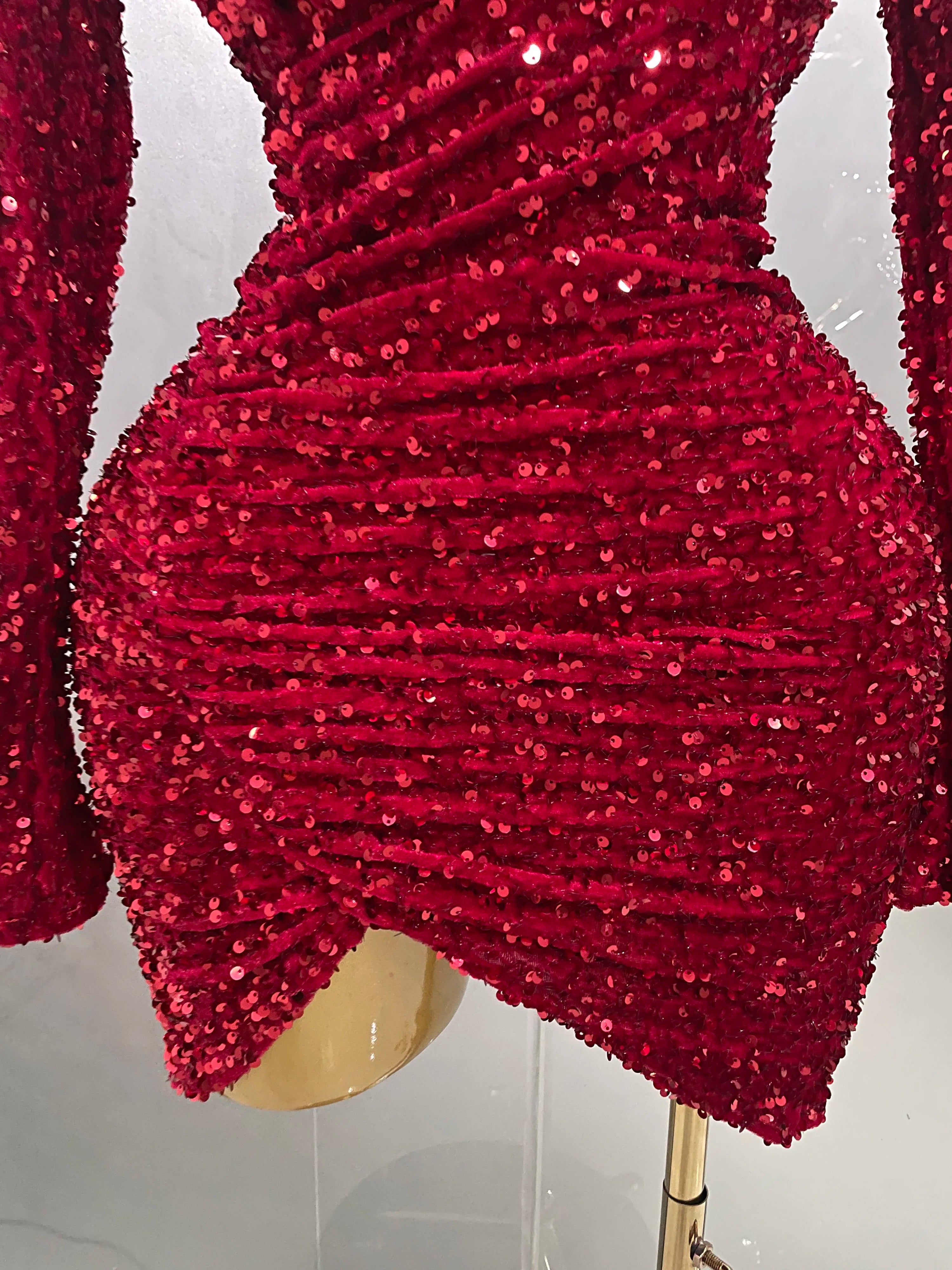 Sexy Sparkly Red Sequins Long Sleeve Short Dress 2025 New Women Evening Celebrate Birthday Party Club Performance Stage Costume