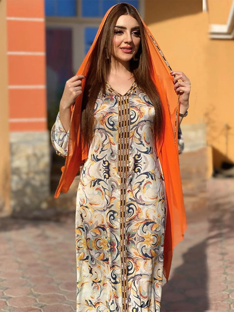 Muslim Abayas Uae Dubai Chic Ethnic Printing Tape Trim Full Sleeve V-Neck Elegant Casual Kaftan Dresses Womens Dubai Orange Dress