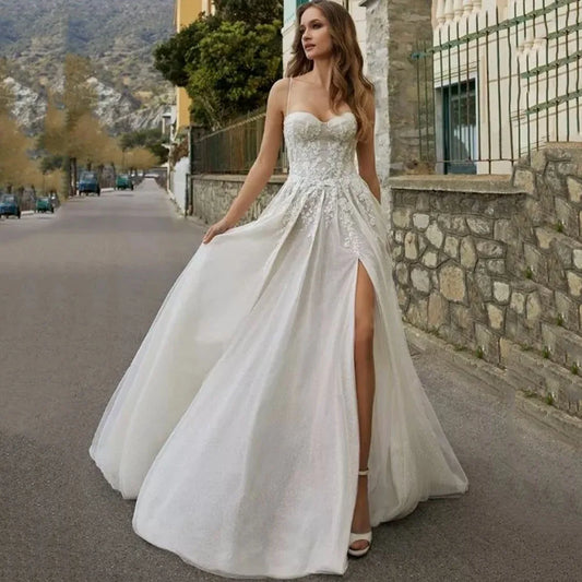 LoveDress Spaghetti Straps Sweetheart Wedding Dress With High Side Split Sparkle Sexy Backless Bride Gown A-Line Robe De Mariée