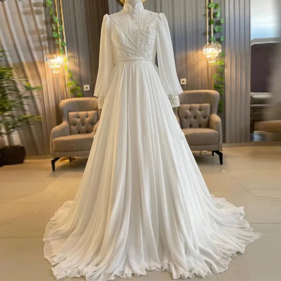 Long Sleeve Muslim Wedding Gown for Women Bride High Neck Hijab Bridal Dress Arabic Chiffon Beaded Robe De Mariée