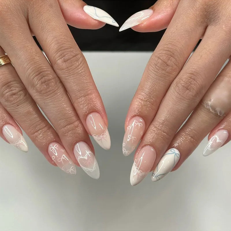 White French Style Fake Nails Gentle Pink Press on Nails 3D Bowknot Design Almond Charm Manicure Korean Fashion False Nail 24Pcs