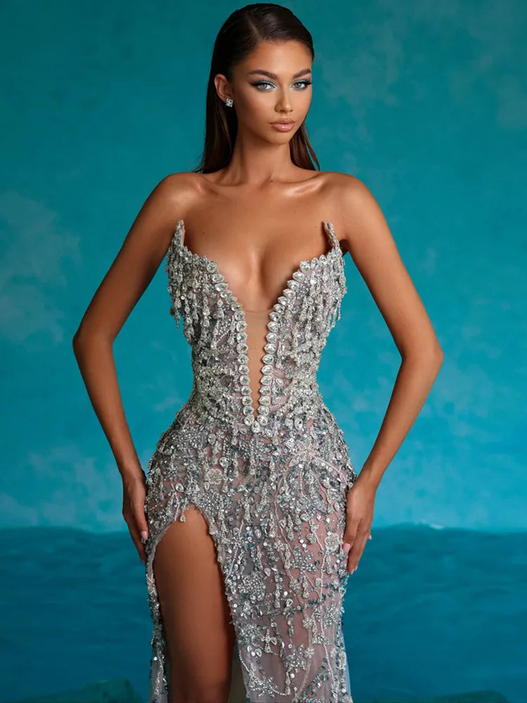 Luxury Sexy Strapless Feather Sequins Silver Beading Maxi Long Women Celebrity Dress Elegant Party Evening Vestido