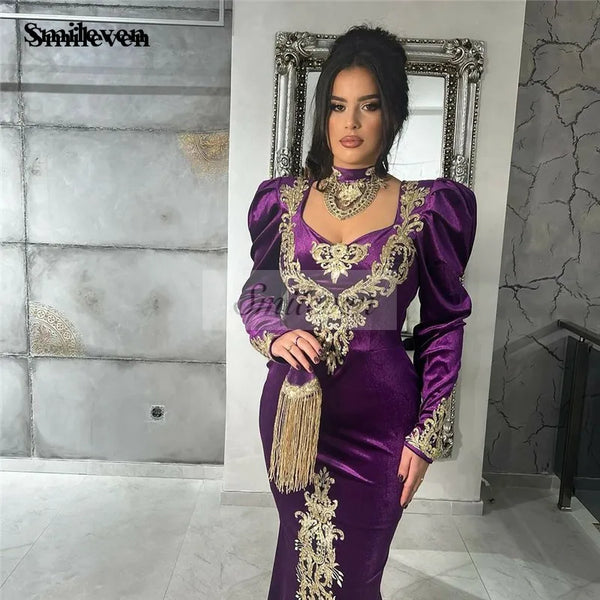Velour Lace Moroccan caftan Formal Evening Dress Purple Long Sleeve High Neck Velvet Women Prom Party Gowns
